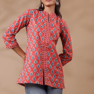 Hand block printed cotton floral top Pink Jaipuri print Kurti Summer women’s Indian cotton top Blockprint top,3/4th sleeves,hip length