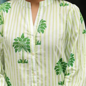 Hand block printed cotton floral top summer Christmas green Indian cotton kurti womens blouse top,long sleeves,stripes Handmade in India