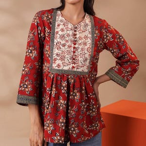 Hand block printed cotton floral top Red Jaipuri print Kurti Summer women’s Indian cotton top Blockprint top,long sleeves, pleated detail