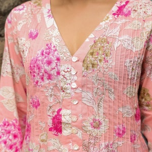Hand block printed cotton floral top pink Jaipuri print Kurti Summer women’s Indian cotton top Blockprint top,long sleeves, pleated detail