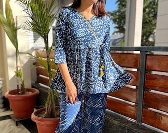 Indigo Blockprint Cotton DayWear set | Co-ord set|Indigo blue Top and Trouser set| Indian Cotton Loungewear Set | Womens Co-ord set cotton