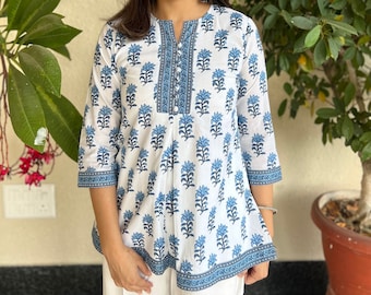 Haut en coton imprimé bloc fait main pour femmes Chemisier kurta kurta en coton indien blanc Jaipuri pour femmes