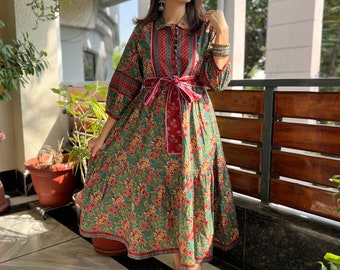 Hand Block Printed Dress Holiday Midi Dress Cotton Floral Dress Christmas Red & green Dress| Handmade in India TIER Dress with pockets,belt