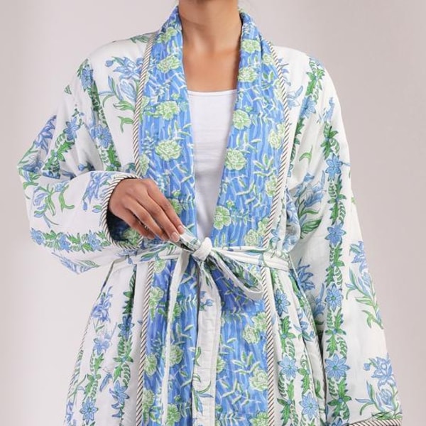 Handblock print Reversible Quilted Robe| Jaipuri Print Free size house coat w/pockets | Indian cotton winter robe|Women’s winter lounge robe