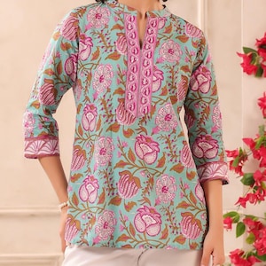 Hand block printed cotton floral top Pink Blue Jaipuri print Kurti Summer women’s Indian cotton top Blockprint top,3/4th sleeve,hip length