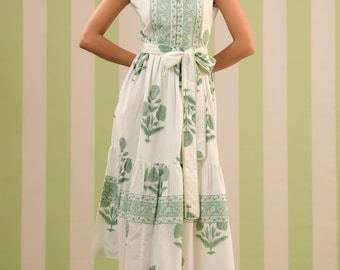 Hand Block Printed Cotton Midi Dress, White Green Floral Summer A-Line, Belted, Pockets