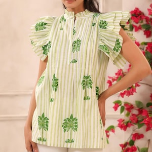 Cotton Floral Hand block print top Green White stripe Summer women tunic kurti Blockprint Indian cotton boho chic top handmade Jaipuri Print