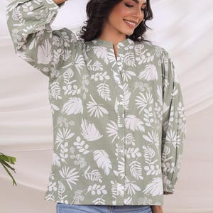Hand block printed cotton floral top green Jaipuri print Kurti Summer women’s Indian cotton top Blockprint top,3/4th long sleeves,hip length