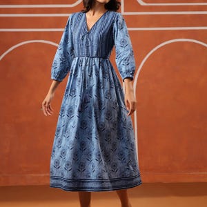 Hand Block Printed Dress Summer Midi Dress Cotton Floral Dress Indigo Blue Dress Holiday A line dress Handmade in India Vneck,3/th sleeve