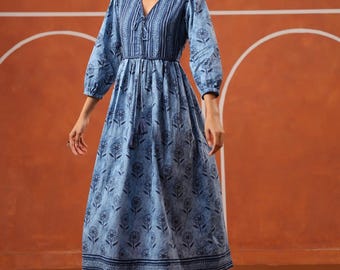 Handblock Gedruckt Baumwolle Midi Kleid, Indigo Floral, Handgemachtes Indisches Kleid