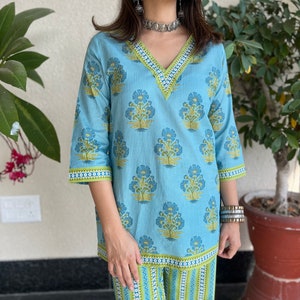 Hand Blockprint Cotton 2piece set,Blue Green cotton Kurti Pant set Jaipuri Print Indian Cotton Loungewear Set Womens co-ord kurti set image 3