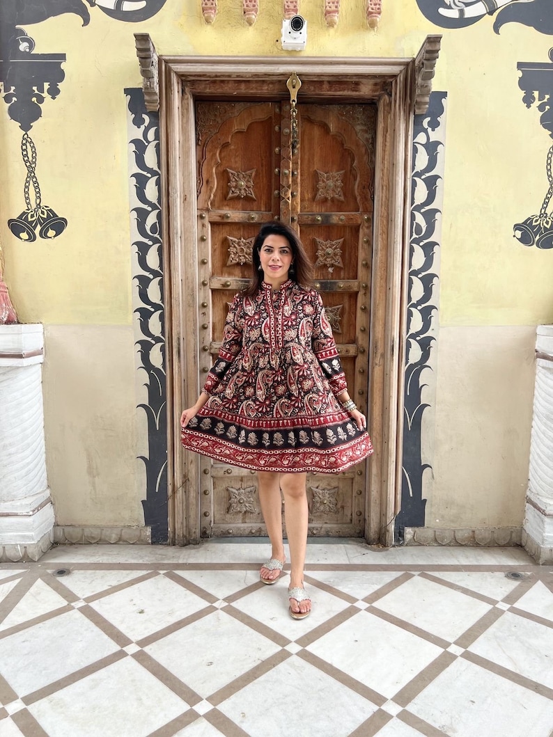 Hand Block Printed Dress Summer DressRed Black Kalamkari dressJaipuri Print Cotton floral Kurti Handmade in IndiaKnee length,3/4th slee image 3