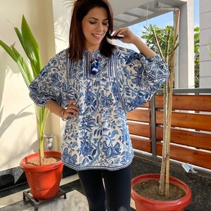 HandBlock Print Blue Floral Cotton top |BOHO volume sleeves | Indian cotton tie-up top | puff sleeves bohemian top | women’s Indian blouse