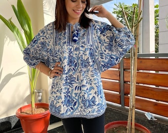 HandBlock Print Blue Floral Cotton top |BOHO volume sleeves | Indian cotton tie-up top | puff sleeves bohemian top | women’s Indian blouse