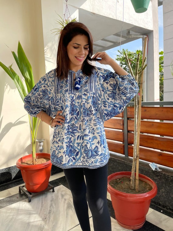 Handblock Print Blue Floral Cotton Top BOHO Volume Sleeves Indian