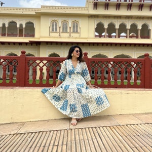 Hand Block Printed Dress Jaipuri Print Dress Cotton Floral DressWhite & Blue DressHandmade in IndiaDress with adjustable ties,open back image 6