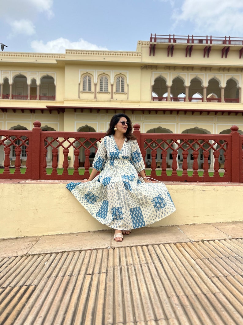 Hand Block Printed Dress Jaipuri Print Dress Cotton Floral DressWhite & Blue DressHandmade in IndiaDress with adjustable ties,open back image 6