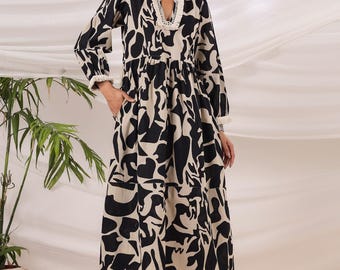 Hand Block Printed Cotton Midi Dress, Black Beige A-Line, Boho Chic Handmade Dress Gift
