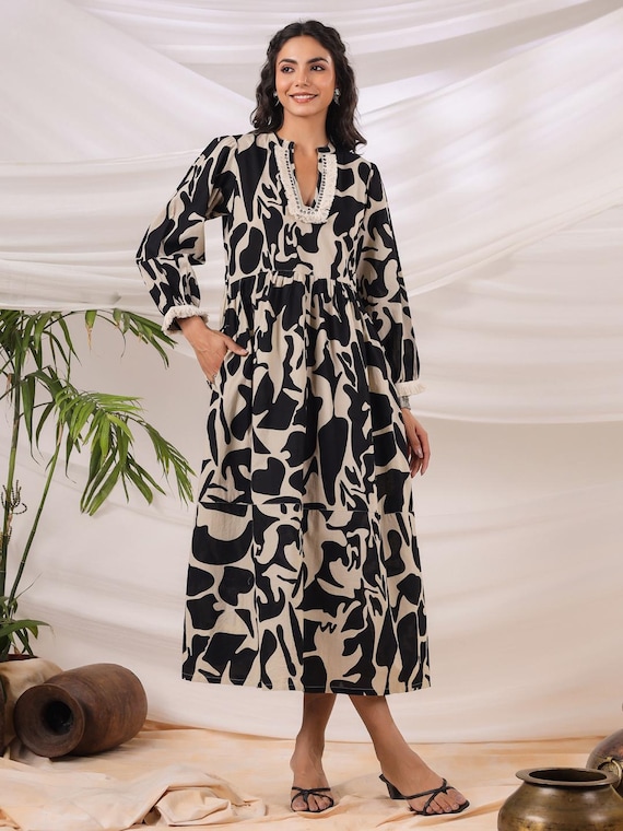Hand Block Printed Cotton Midi Dress, Black Beige A-Line, Boho Chic Handmade Dress Gift