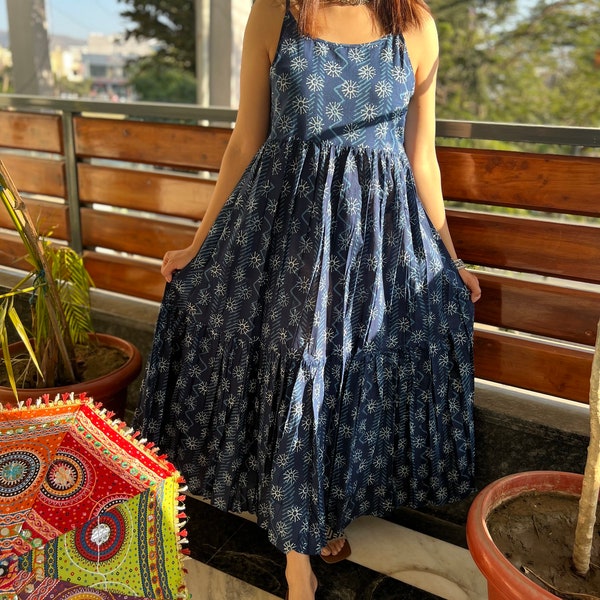 Hand BlockPrint INDIGO Cotton MAXI tier dress with adjustable straps|Summer sleeveless Beach dress | Jaipuri Print dress | Made in India