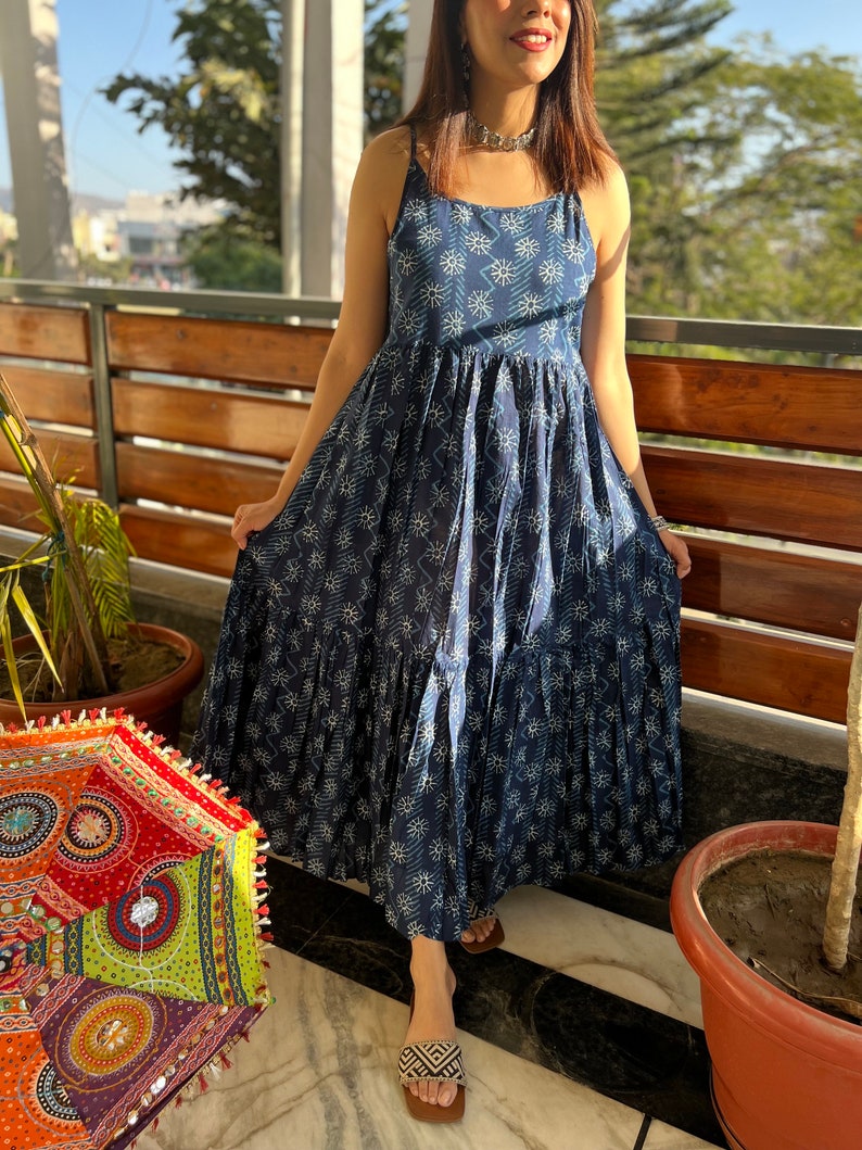 Hand BlockPrint INDIGO Cotton MAXI tier dress with adjustable strapsSummer sleeveless Beach dress Jaipuri Print dress Made in India image 1