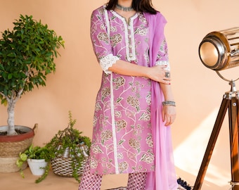 Hand block print Kurta set with Dupatta/Stole|Indian Salwar Kameez|Indian cotton suit set for Women|PurpleJaipuri Print block print set of 3