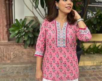 Haut fleuri à imprimé bloc | Jaipuri Print handblock Kurti | Manches 3/4, kurta mi-longueur | Chemisier femme en coton indien | Fabriqué à la main en Inde | Top d'été