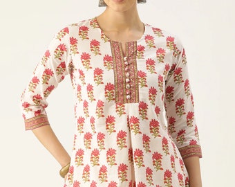 Top de algodón estampado en bloque a mano mujer estampado Jaipuri Kurti Blanco rosa algodón indio kurta Blockprint top corto de mujer hecho a mano, mangas 3/4