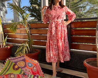 Hand Block Printed Dress | Summer Midi Dress | Cotton Floral Dress | Coral & White Dress| Handmade in India | Dress with pocket,belt