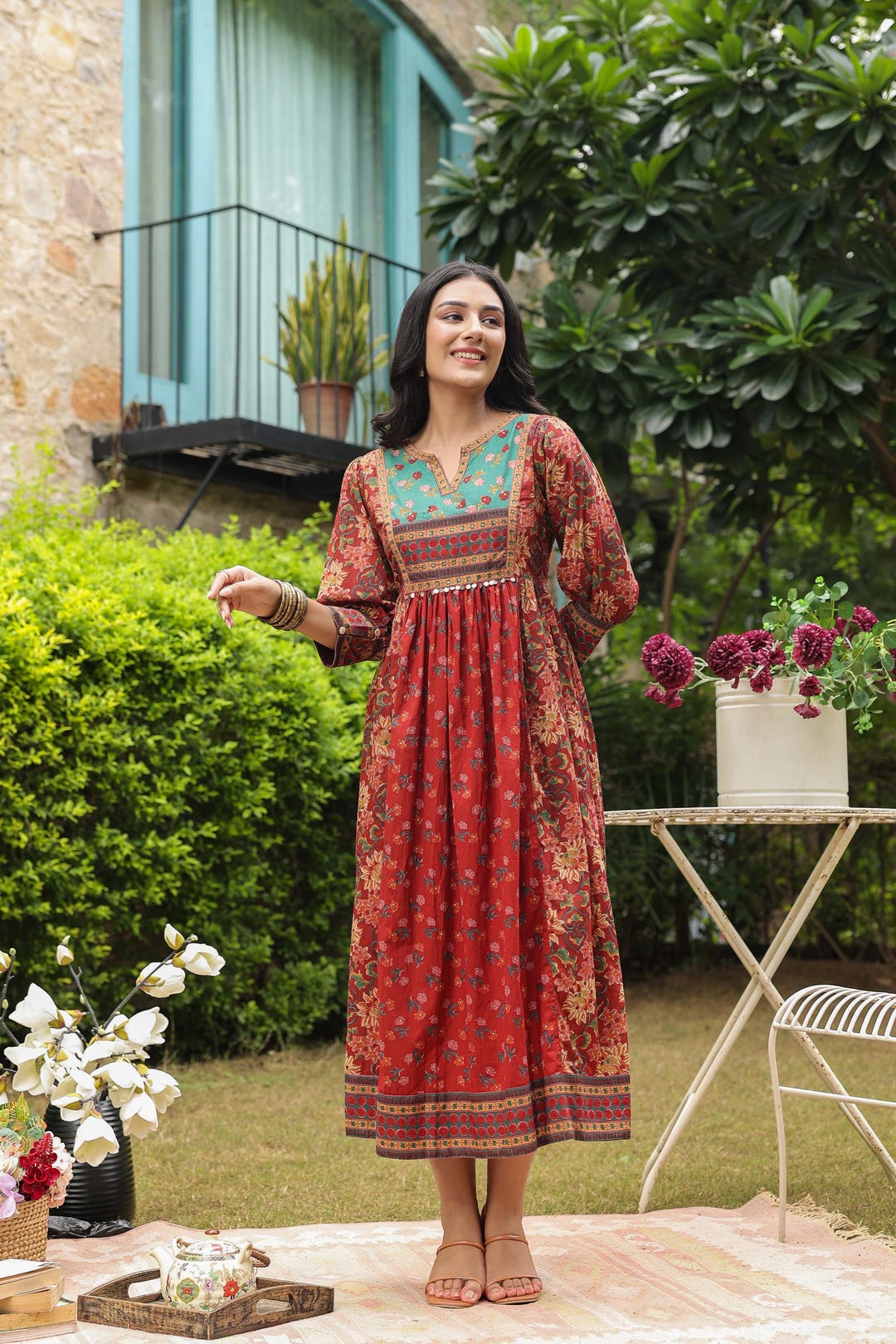 ' Rose Tapestry Red ' Hand Block Printed Cotton Dress