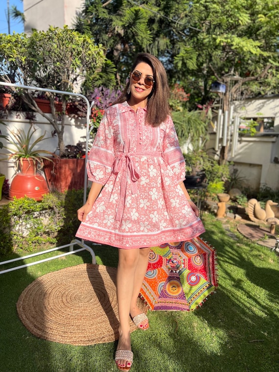 Hand Block Printed Dress | Summer Short Dress | Cotton Floral Dress | White \u0026 Pink Dress| Handmade in India | Mini Dress with Belt Hand Block Printed Dress | Summer Short Dress | Cotton Floral Dress | White  \u0026 Pink Dress| Handmade in India | Mini Dress With Belt - Etsy