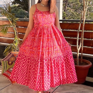 Hand Block Printed Dress |Summer Cami MAXI tier Dress|Cotton Floral Dress|Pink & White Dress|Handmade in India |Dress with adjustable straps