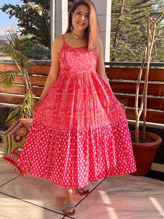 Hand Block Print Cotton Maxi Dress | Pink Floral Summer Cami Tier Dress  ,adjustable Straps - Etsy Israel