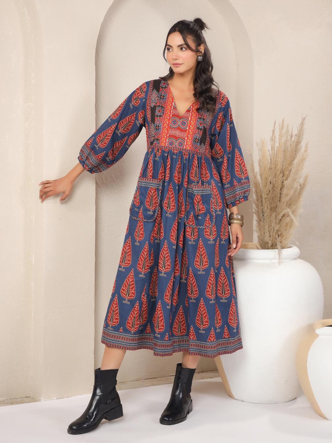 Teal Coral Leaf Hand Block Printed Cotton Maxi Dress – Indian Boho Tiered Long Dress