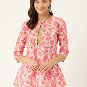 Hand block printed cotton floral top pink Jaipuri print Kurti Summer women’s Indian cotton top Blockprint top,3/4 sleeves,boho chic top