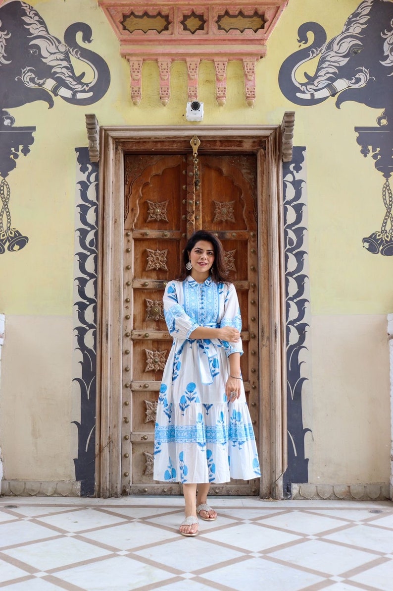 Hand Block Printed Dress Floral Summer Midi Dress Cotton Dress White & Blue Dress Mughal Motif dress Block print Dress with pockets belt image 9