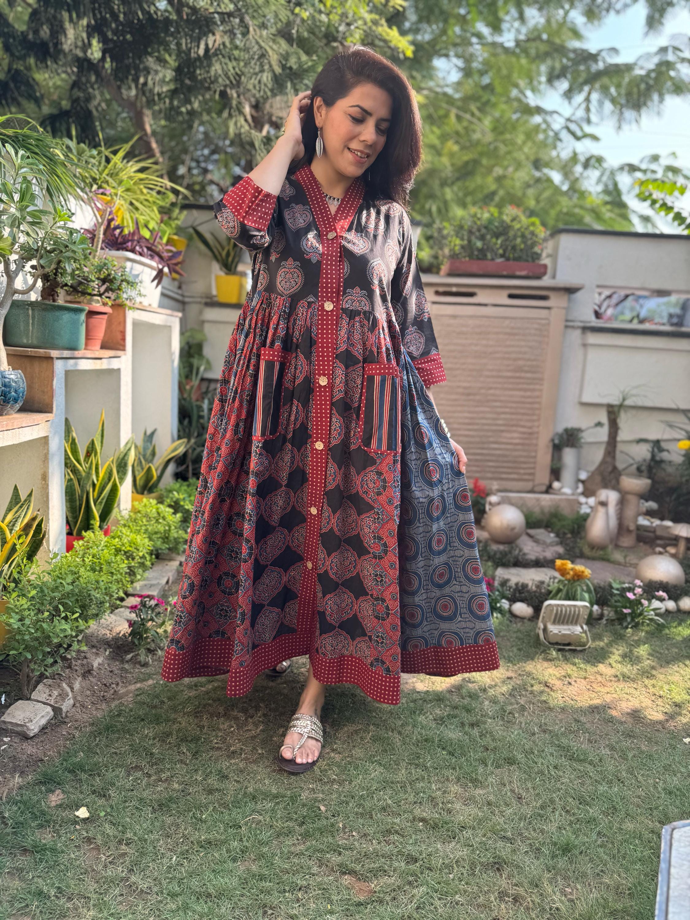 Hand Block Printed Cotton Maxi Dress | Jaipuri Floral Dress with Pockets Hand Block Printed Cotton Maxi Dress | Jaipuri Floral Dress with Pockets