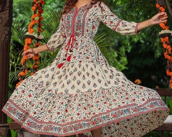Hand Block Printed Dress Summer Dress Cream & Red dress, Anarkali Cotton floral A line tier dress Ethnic motif Midi Dress Handmade in India