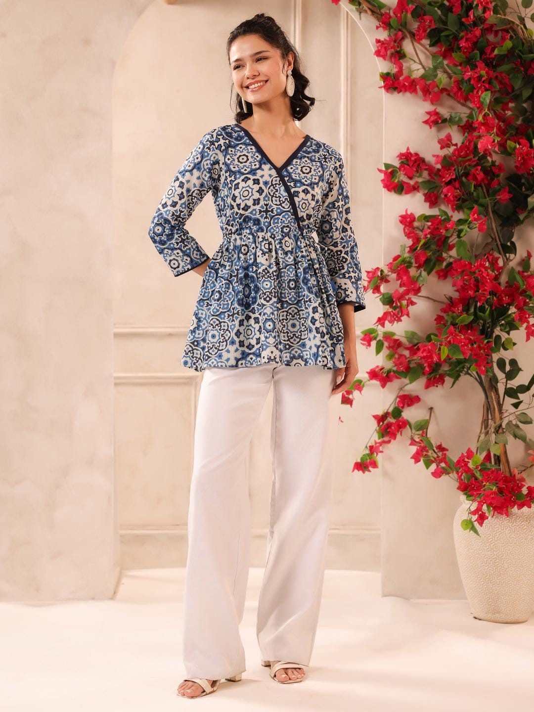 Sleeveless Cotton Block Printed Kothi Top Blue