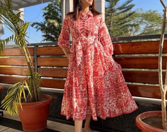 Hand Block Print Cotton Midi Dress | White Coral Floral Summer Dress