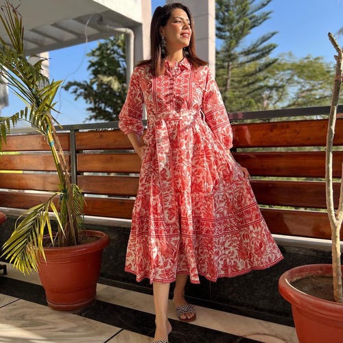 coral floral midi dress Sunset Palm Coral Print Midi Dress | Trendy Women's Dresses