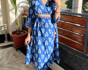 Hand block print V neck Kurta set | Indigo Kurti & ikat Pants | Indian Salwar Kameez | Kurti Tunic set for Women | Blue kurta Ikat Pants set