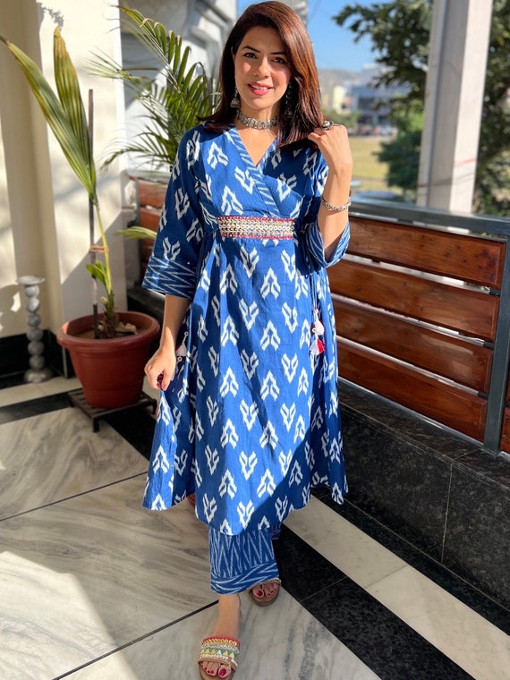 Indigo Blue Cambric Cotton Kurti with Blue and White Cambric Cotton Palazzo  Kurti Set