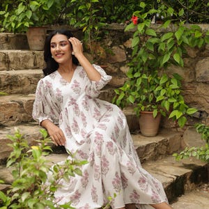 indian gray pink floral hand block printed women's maxi dress