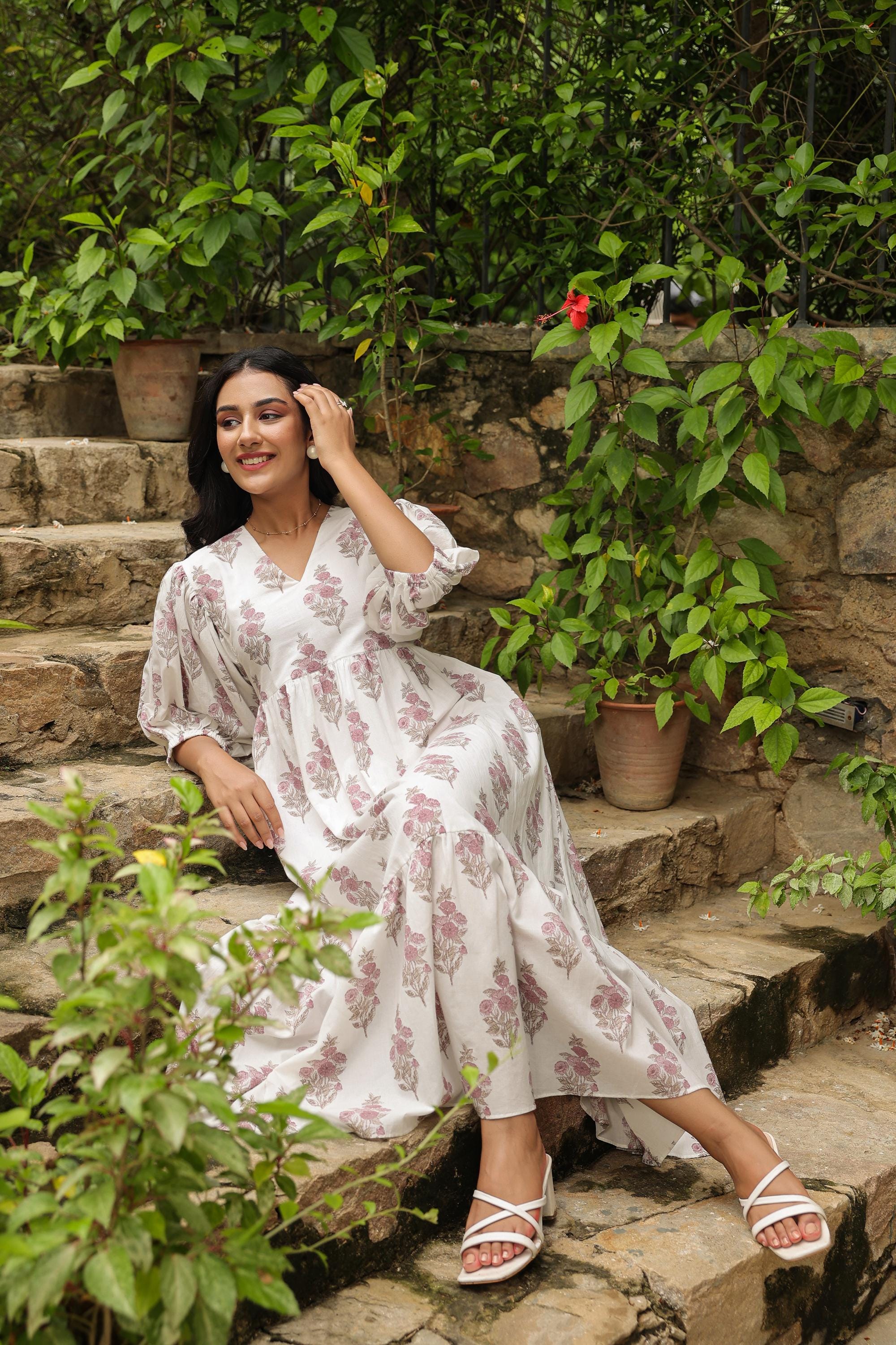 Hand Block Printed Cotton Dress | Pink Floral Ethnic Maxi - Etsy
