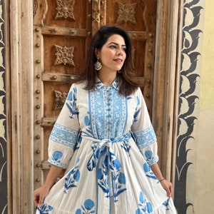 Hand Block Printed Dress Floral Summer Midi Dress Cotton Dress White & Blue Dress Mughal Motif dress Block print Dress with pockets belt image 8
