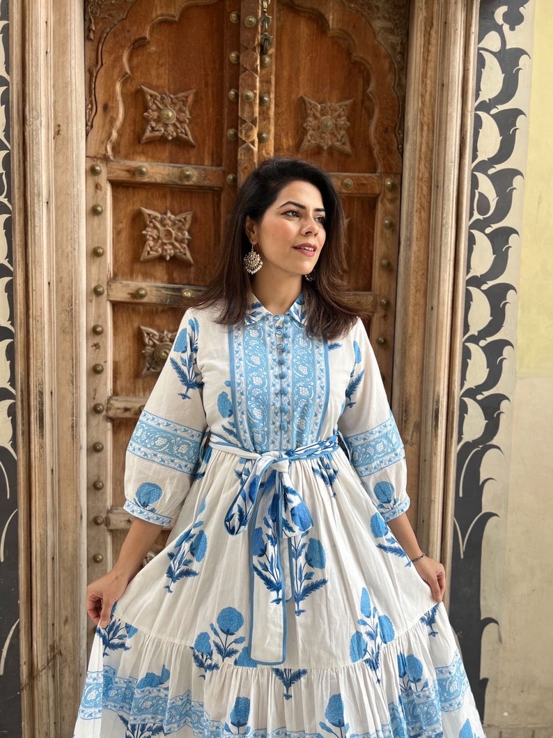 Hand Block Printed Dress Floral Summer Midi Dress Cotton Dress White & Blue Dress Mughal Motif dress Block print Dress with pockets belt image 8