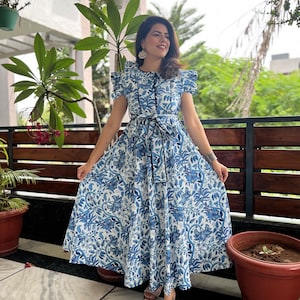 Hand Block Printed Dress | Summer Maxi Dress | Cotton Floral Dress | White & Blue Dress| Handmade in India | Dress with frill sleeves,belt