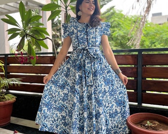 Hand Block Printed Dress | Summer Maxi Dress | Cotton Floral Dress | White & Blue Dress| Handmade in India | Dress with frill sleeves,belt
