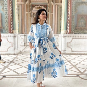 Beige Blue Floral Hand Block Printed Cotton Midi Dress – Puff Sleeve Boho Indian Dress
